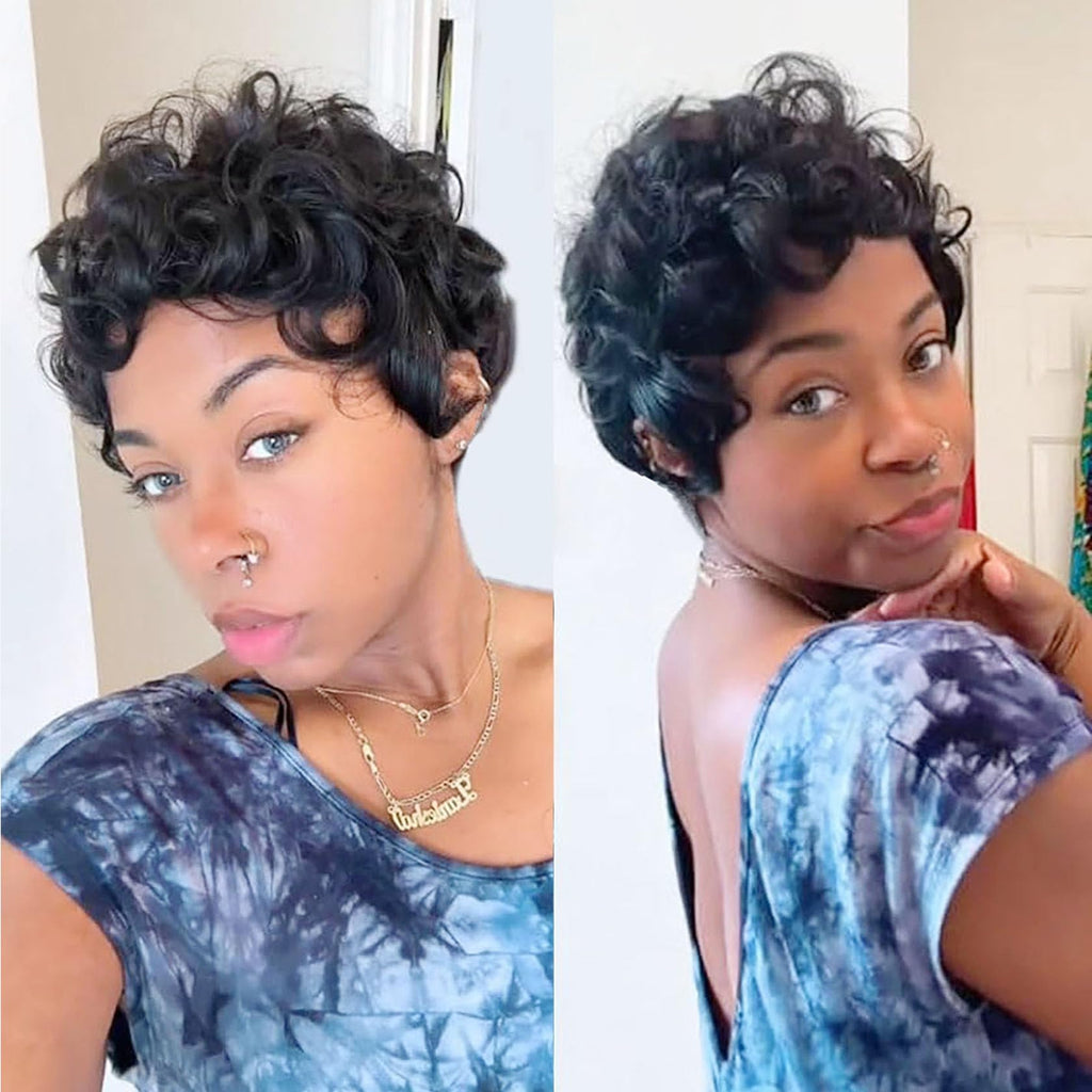 VRZ Pixie Cut Wigs for Black Women Brazilian Curly Pixie Cut Wig Human Hair Glueless Short Layered Wigs With Bangs Natural Black Color No Glue Human Hair Wig for Daily Use