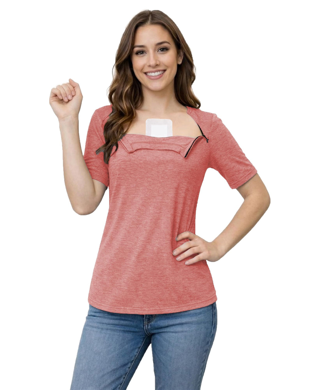 Youdiao Chemo Shirts for Port Access Women Post Shoulder Surgery Shirts with 2 Hidden Side Zippers Short Sleeve Tear Away Top
