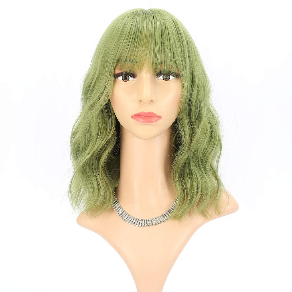 FAELBATY Blonde Wave Short Bob Wigs With Air Bangs Shoulder Length Wig For Women and Girls Curly Wavy Synthetic Cosplay Costume Wig (12" Mix blonde and gold)