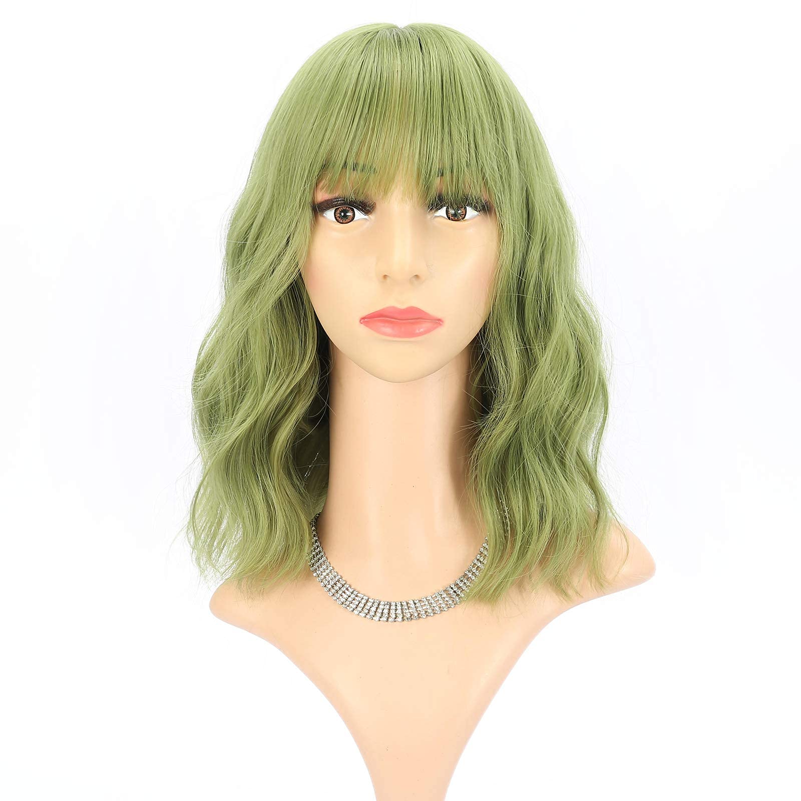FAELBATY Blonde Wave Short Bob Wigs With Air Bangs Shoulder Length Wig For Women and Girls Curly Wavy Synthetic Cosplay Costume Wig (12" Mix blonde and gold)