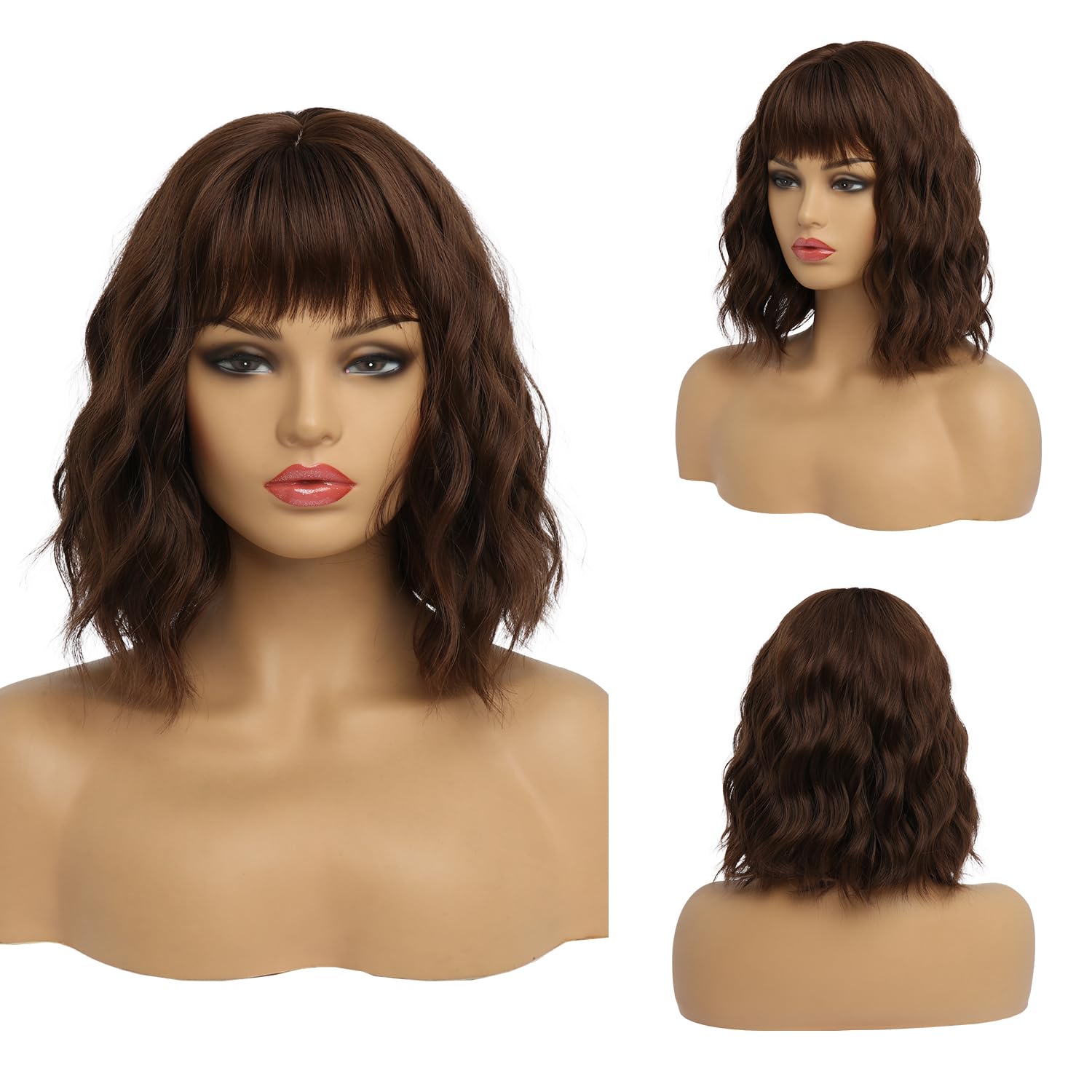 Short Auburn Wigs for Women Dark Ginger Wig with Bangs Wigs Natural Looking Curly Hair Medium Length Synthetic Bob Wig Wavy Colorful Wigs（14 Inches）