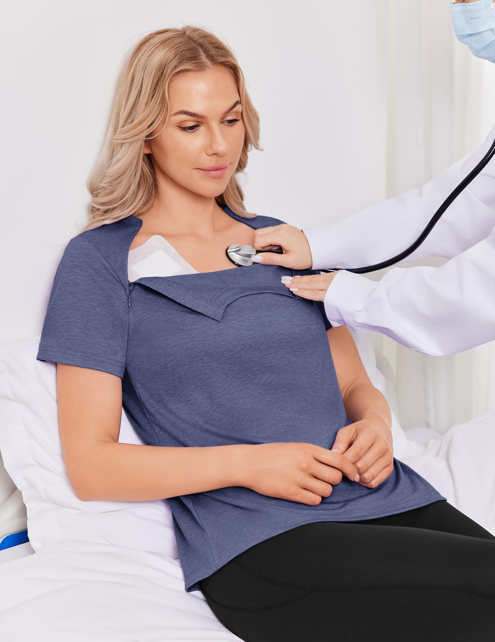 Deyeek Chemo Shirts for Port Access Women with 2 Hidden Side Zippers Post Surgery Short Sleeve Tear Away Adaptive Top Tees
