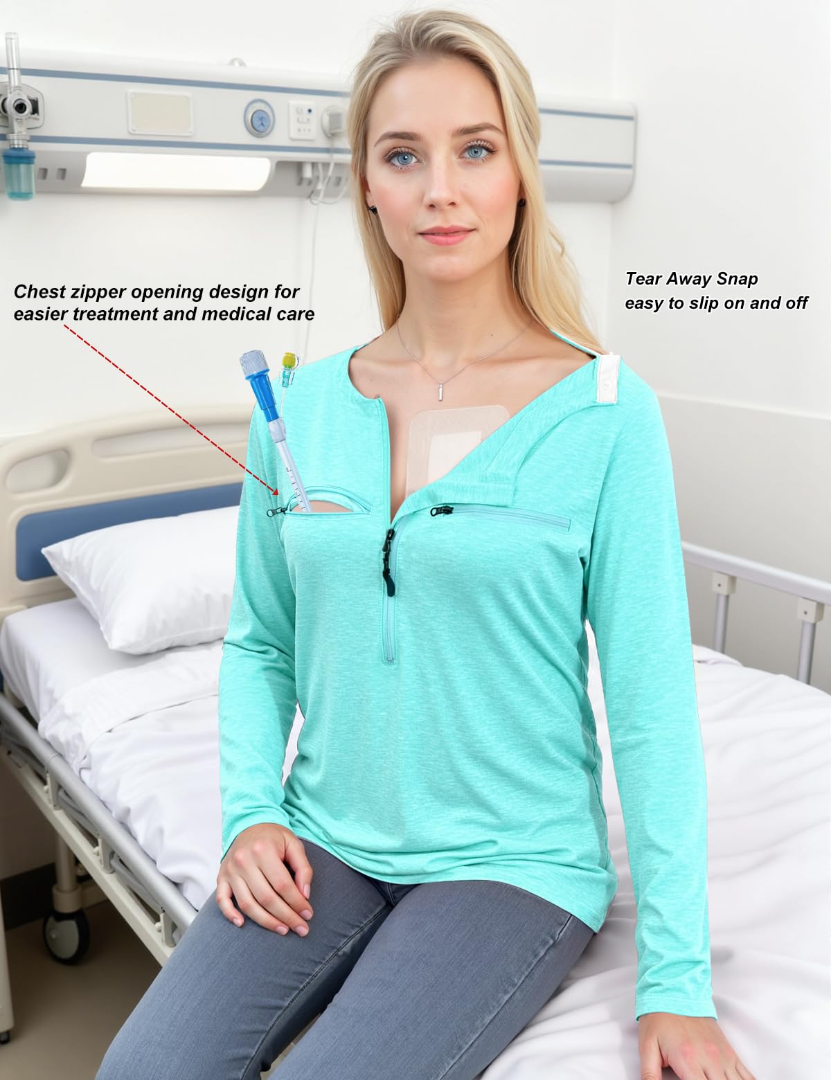 Chemo Port Shirts for Women Long Sleeve Post-Surgery Recovery with 2 Side Snaps Shoulder Surgery & Dialysis Recovery Shirts