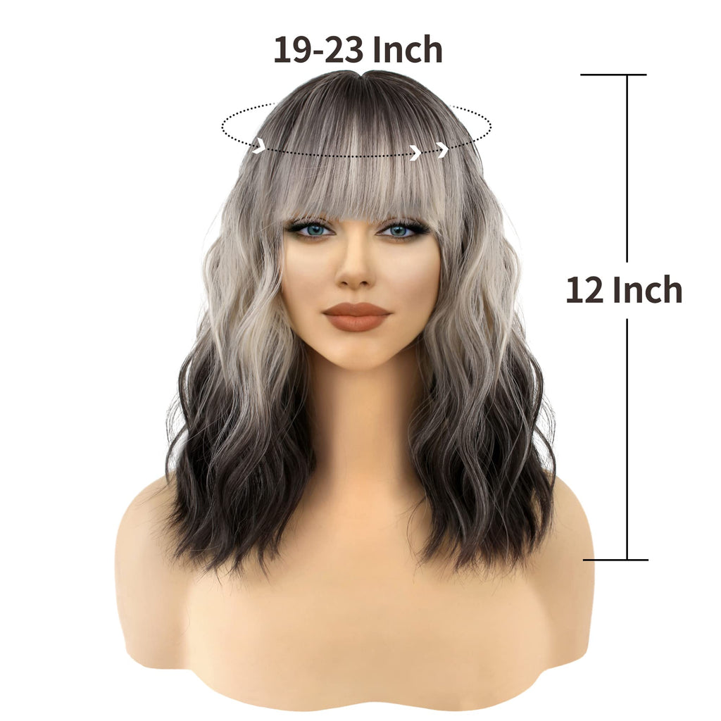 FAELBATY Blonde Wave Short Bob Wigs With Air Bangs Shoulder Length Wig For Women and Girls Curly Wavy Synthetic Cosplay Costume Wig (12" Mix blonde and gold)