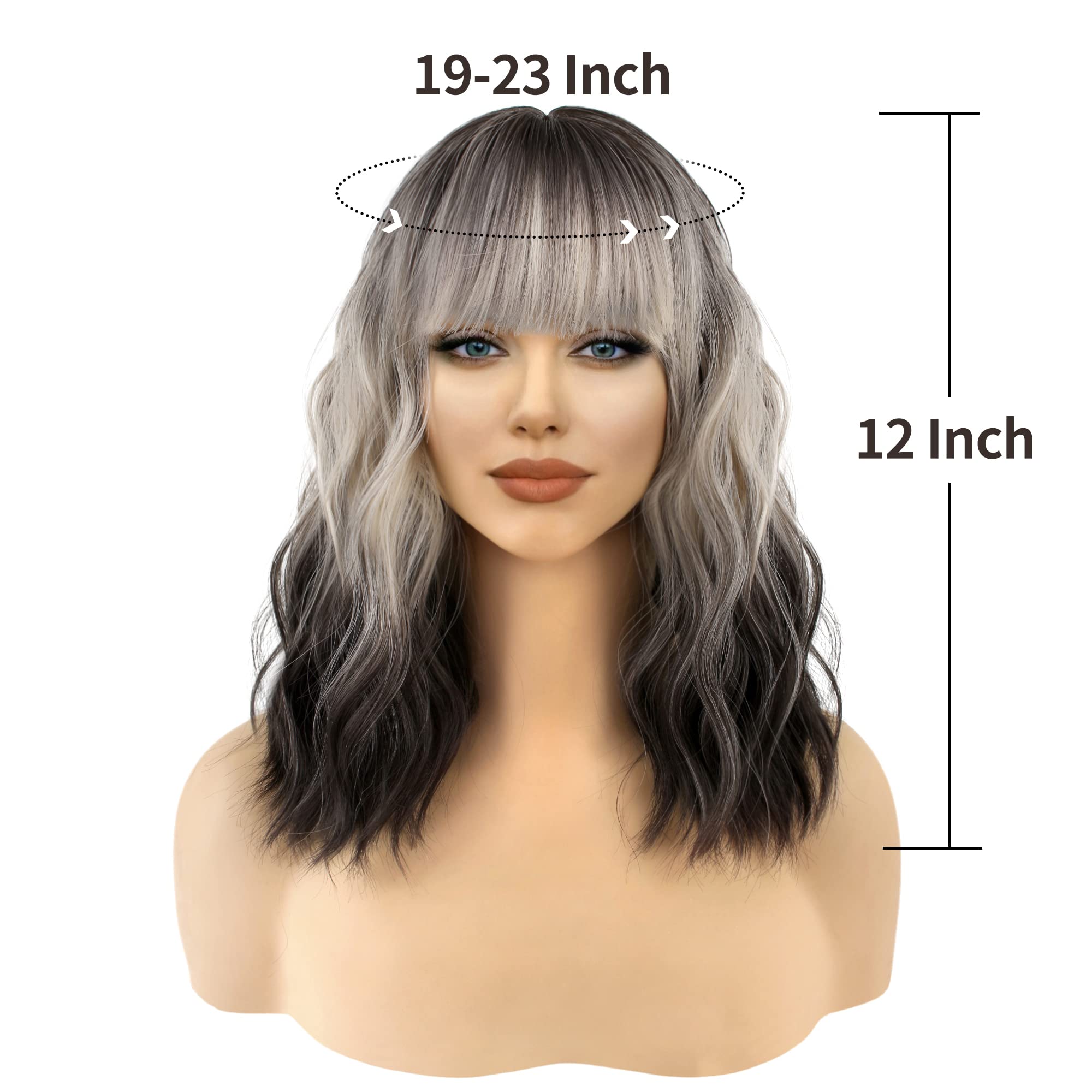 FAELBATY Blonde Wave Short Bob Wigs With Air Bangs Shoulder Length Wig For Women and Girls Curly Wavy Synthetic Cosplay Costume Wig (12" Mix blonde and gold)
