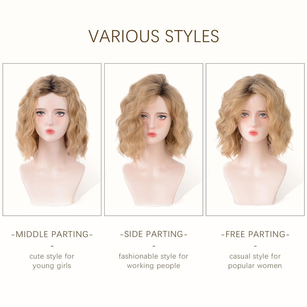 Aida ble Short Ombre Ash Blonde Wavy Wigs for Women 14 Inch Shoulder Length Curly Wavy Bob Wig Synthetic Natural Hair Wig for Daily Party Use (Ash Blonde, 14 inch)