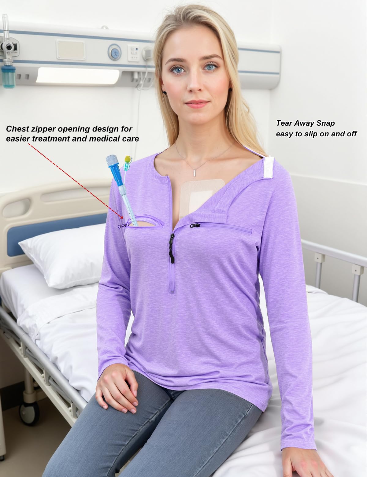 Chemo Port Shirts for Women Long Sleeve Post-Surgery Recovery with 2 Side Snaps Shoulder Surgery & Dialysis Recovery Shirts