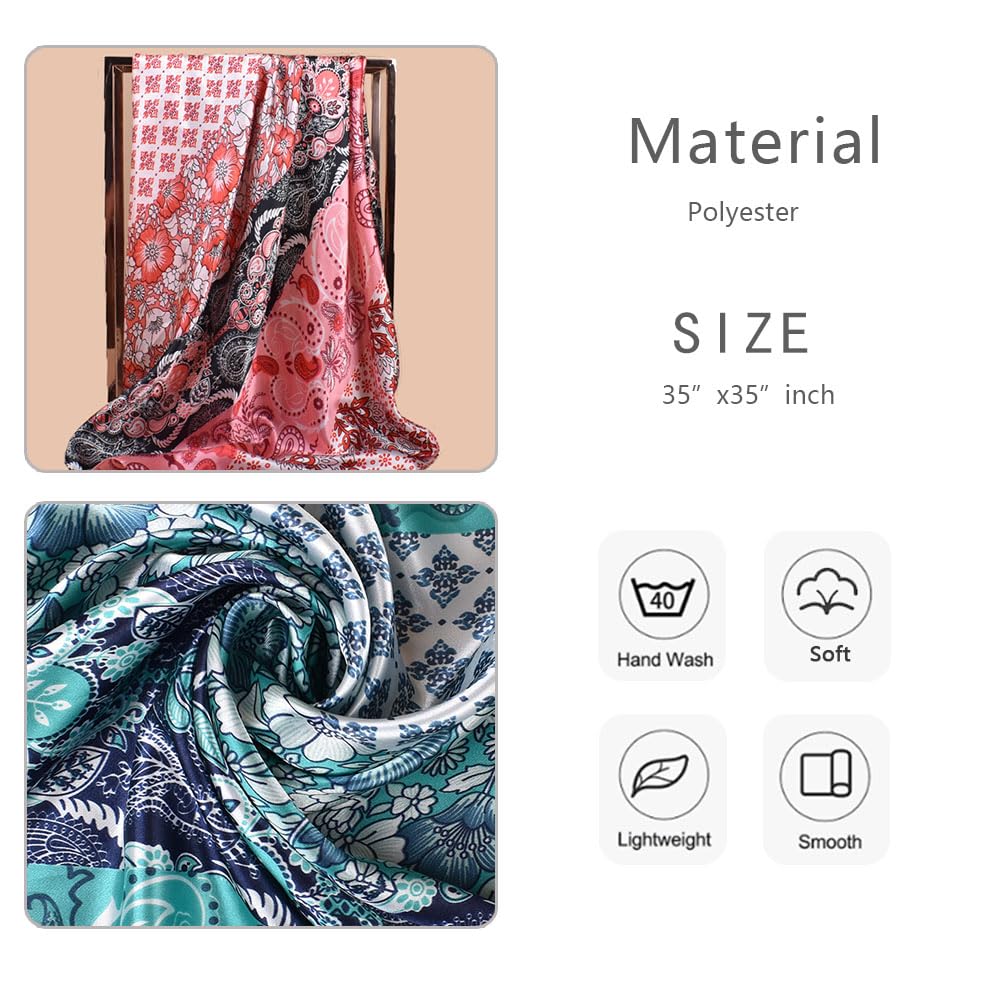 4Pcs Silk Head Scarves for Women Satin Hair Scarf 35”Large Square Bandana Silk Like Neck Scarf Shawl