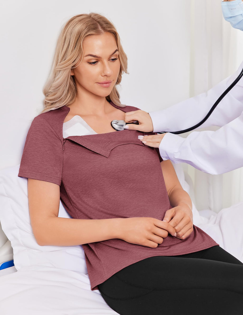Deyeek Chemo Shirts for Port Access Women with 2 Hidden Side Zippers Post Surgery Short Sleeve Tear Away Adaptive Top Tees