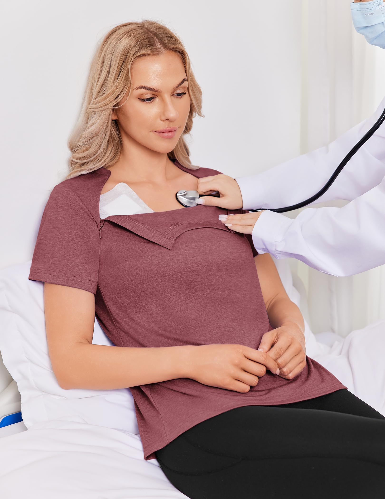 Deyeek Chemo Shirts for Port Access Women with 2 Hidden Side Zippers Post Surgery Short Sleeve Tear Away Adaptive Top Tees
