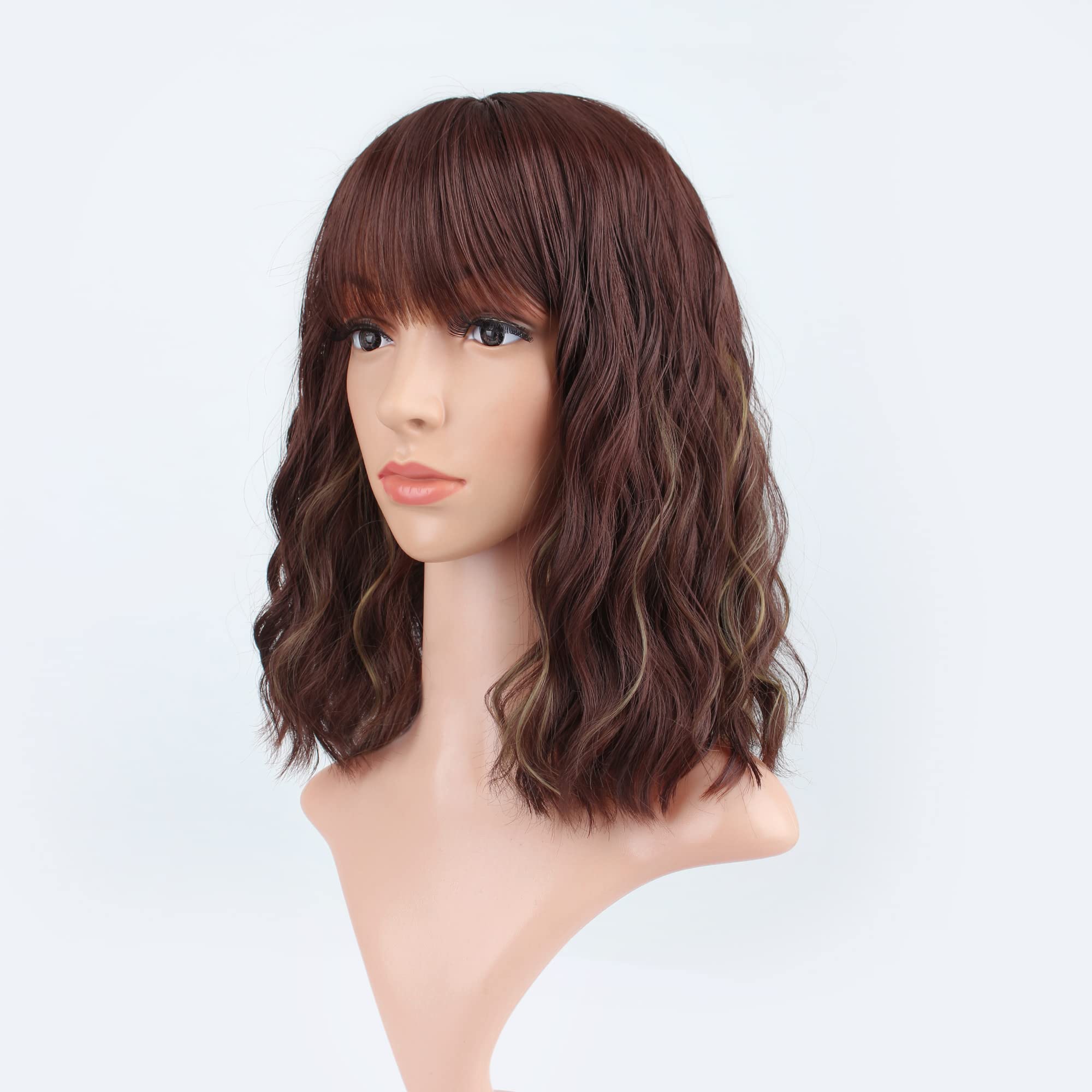 FAELBATY Blonde Wave Short Bob Wigs With Air Bangs Shoulder Length Wig For Women and Girls Curly Wavy Synthetic Cosplay Costume Wig (12" Mix blonde and gold)