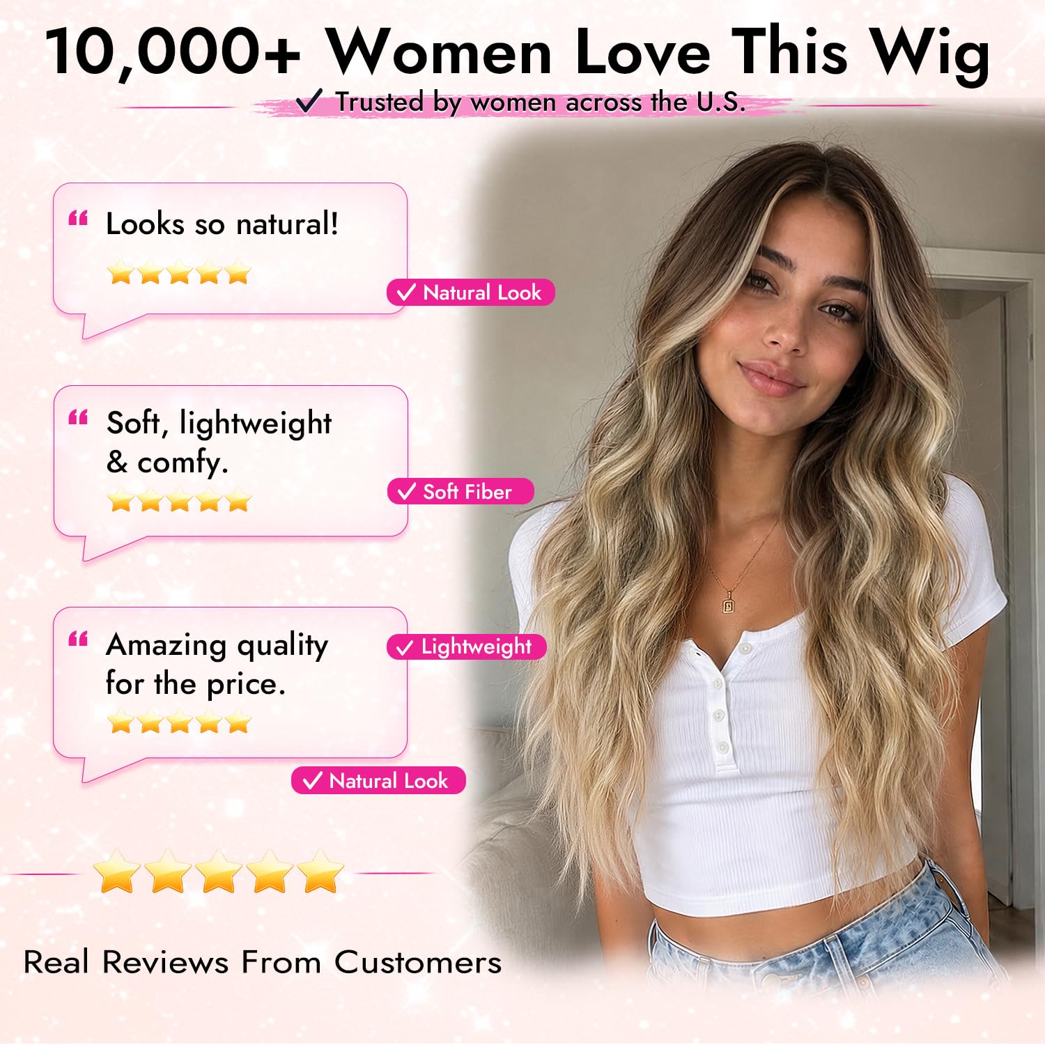 Nnzes Long Brown Mixed Blonde Wavy Wig 4x1 Lace Natural Hairline Middle Part Curly Heat-Resistant Synthetic Fiber for Women & Beginners Daily Party Use 26In