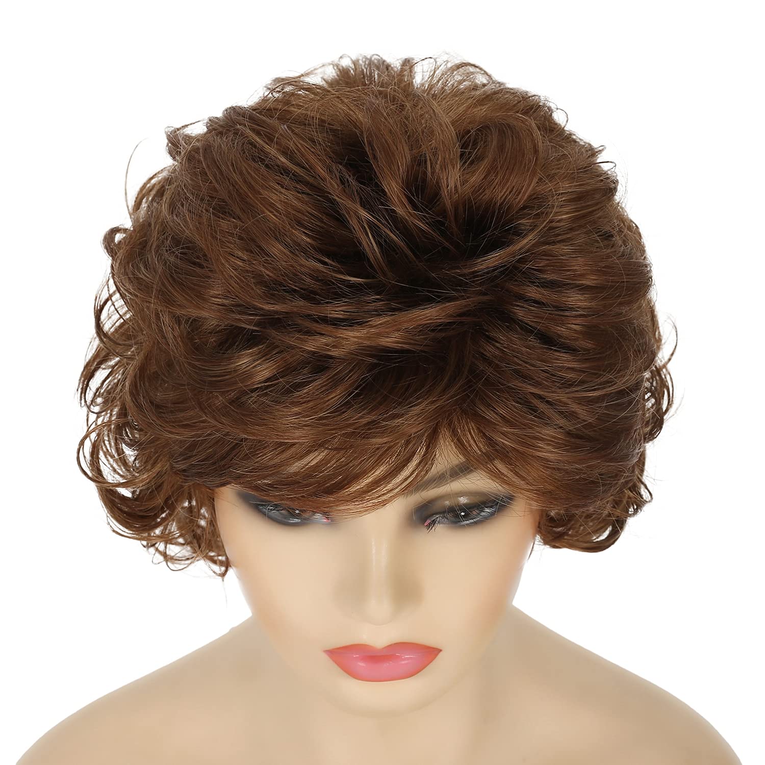 Short Wavy Brown Wigs for Women Fluffy Wavy Layered Wigs Synthetic Heat Resistant Halloween Cosplay Hair Wig with Wig Cap,Auburn Brown