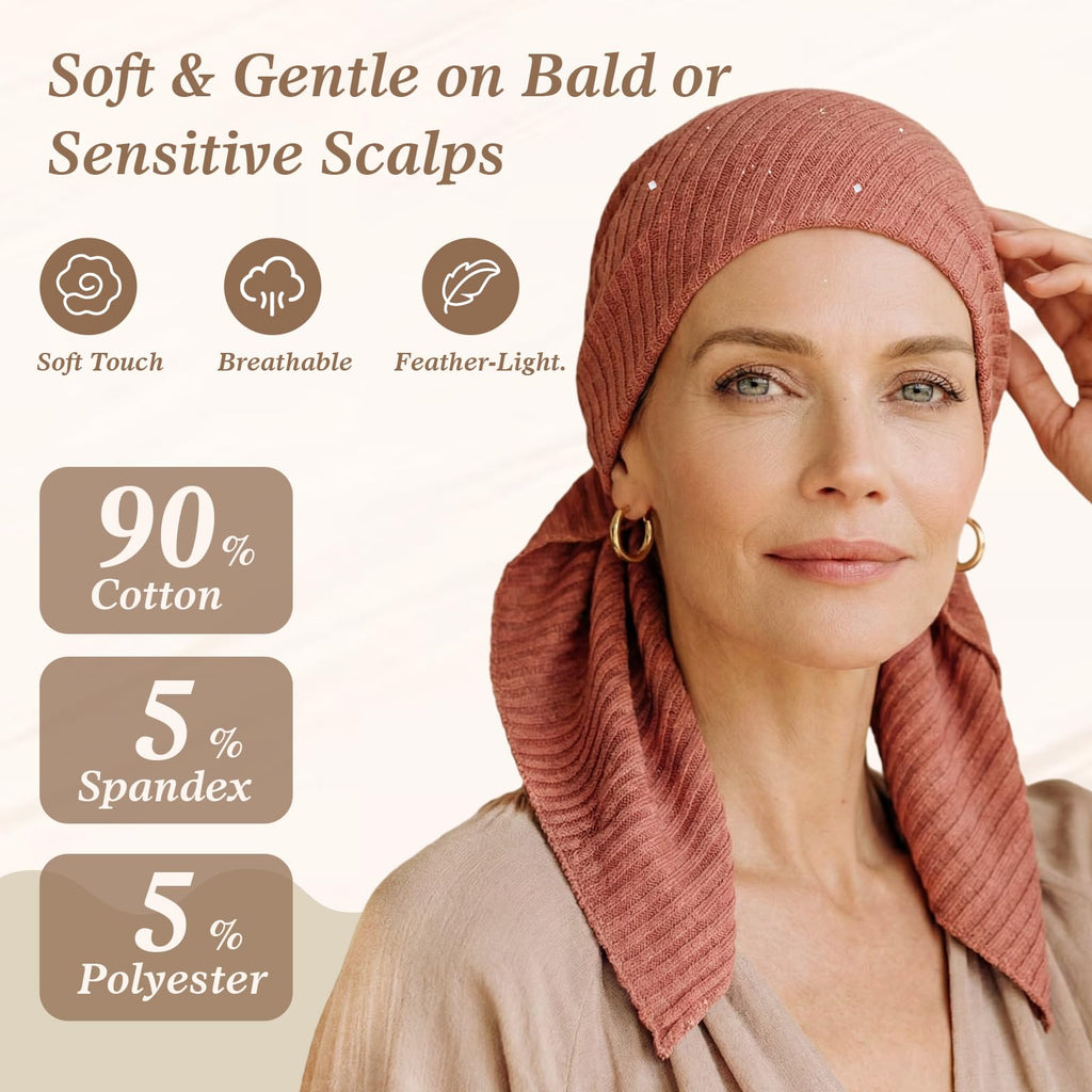 Pretied Head Scarves for Women – Fashionable Glitter Turban Head Wraps, Stylish Chemo Headwear, Elegant Hair Coverings