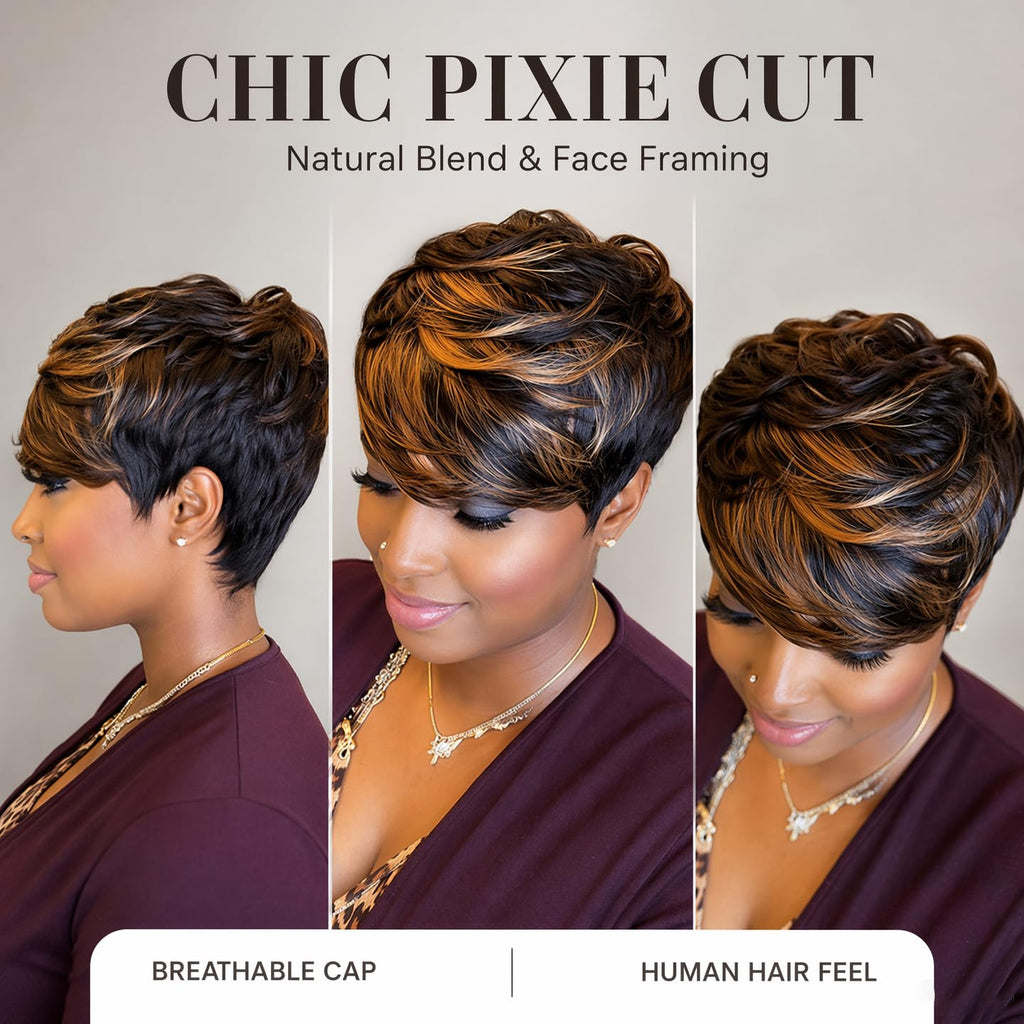 VRZ Pixie Cut Wigs for Black Women Brazilian Curly Pixie Cut Wig Human Hair Glueless Short Layered Wigs With Bangs Natural Black Color No Glue Human Hair Wig for Daily Use