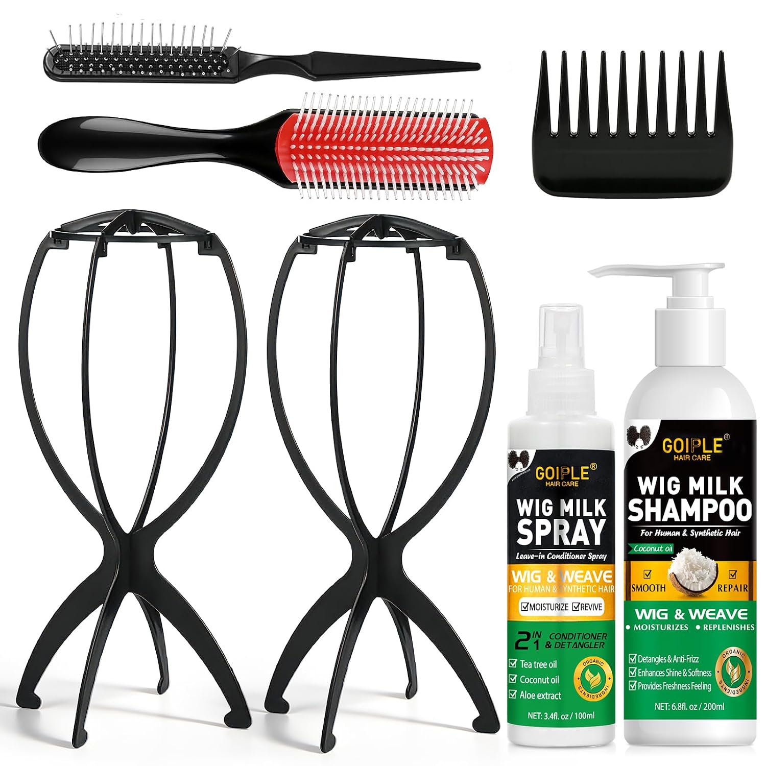 Wig Head Stand with Wig Brush Comb Set Travel Wigs Holder Comb Set for Women Human and Synthetic Hair | 2in 1 Wig Milk Spray & Shampoo Hydrates & Moisturizes, Promotes Silkiness & Shine Easy Combing