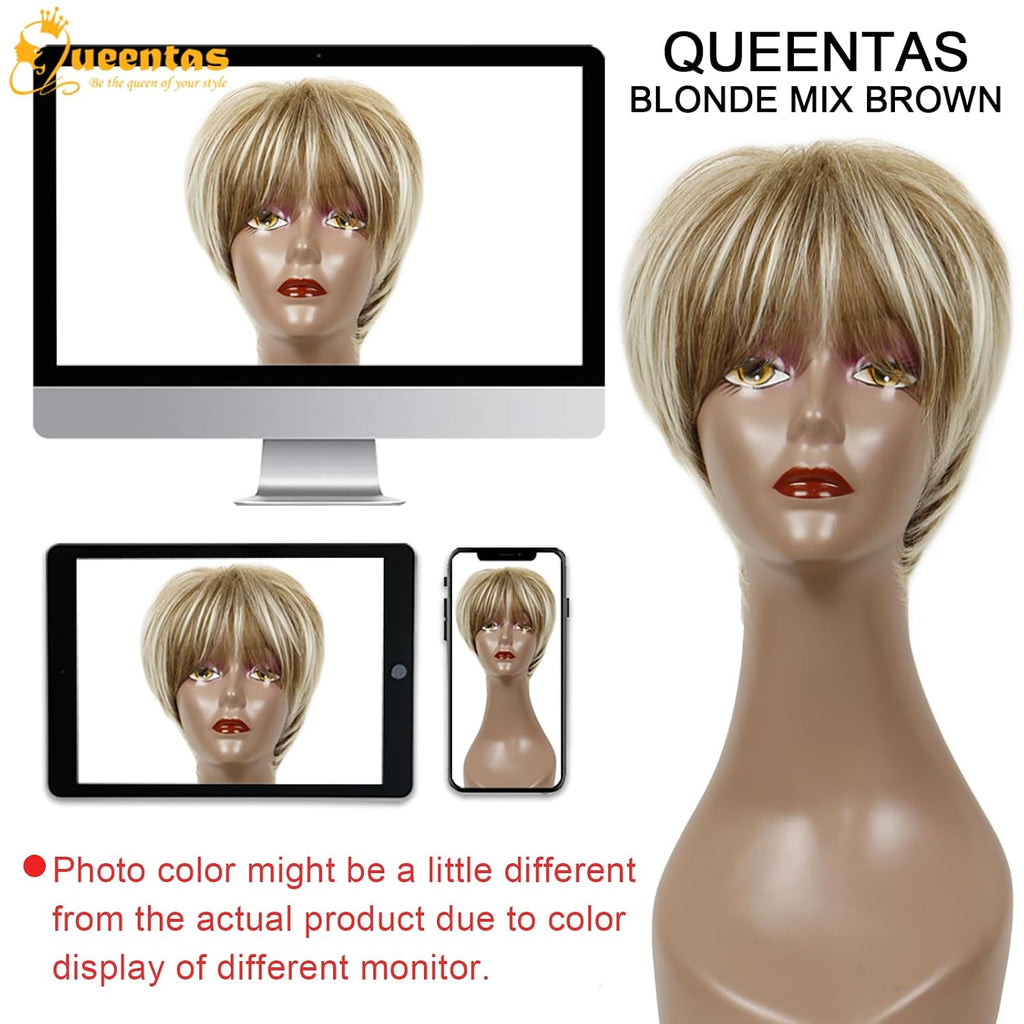 8" Layered Pixie Cut Synthetic Wig for Women Blonde Mixed Brown with Roots