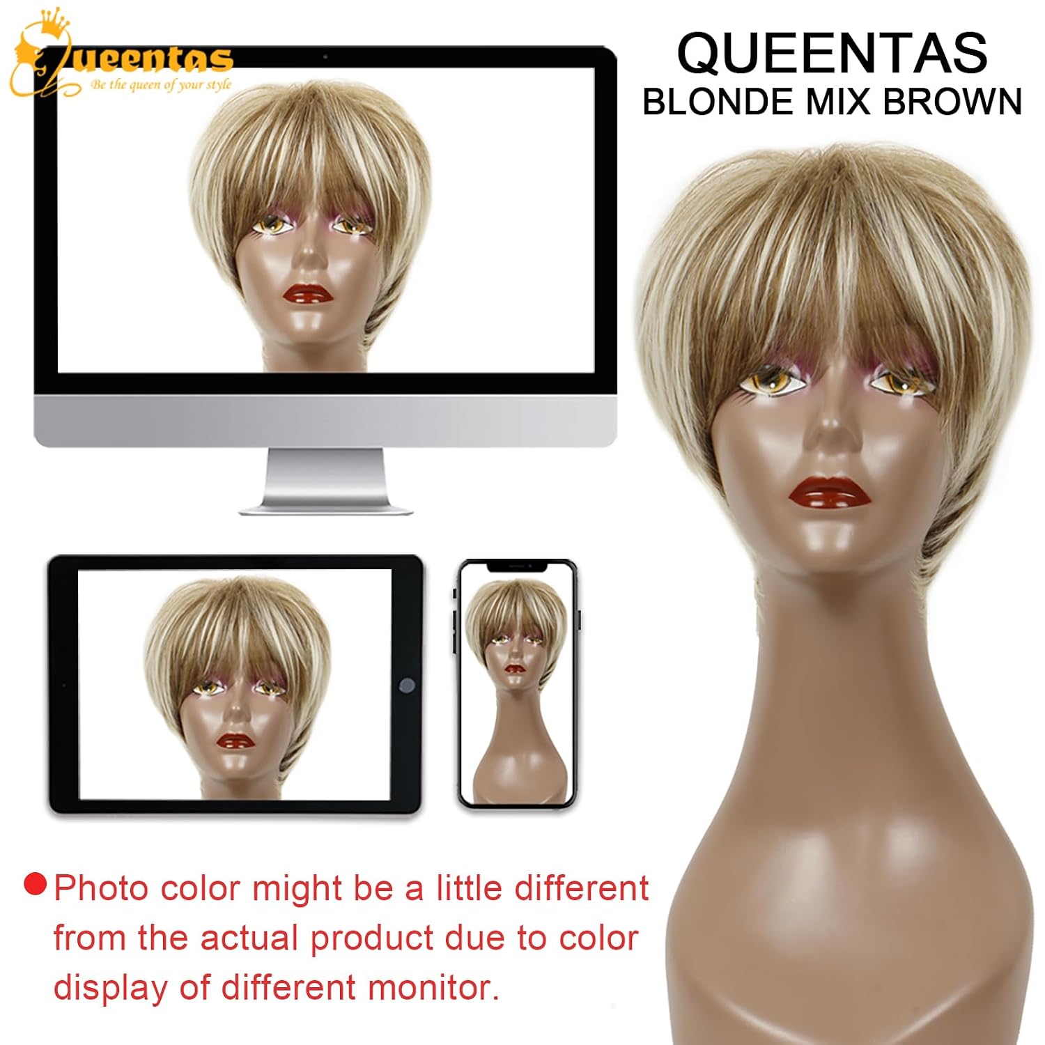 8" Layered Pixie Cut Synthetic Wig for Women Blonde Mixed Brown with Roots