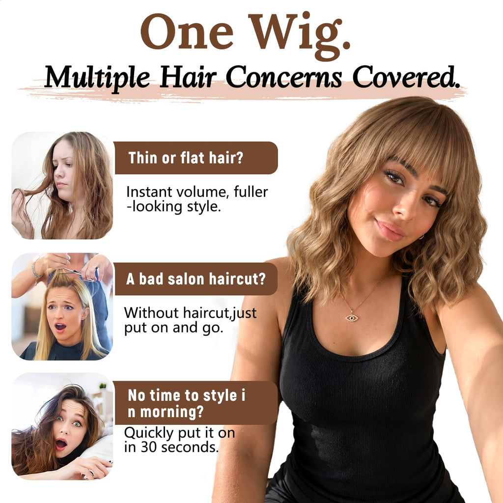 Nnzes Wig with Bangs for Women Shoulder Length Bob Wavy Women's Charming Synthetic Brown mixed Blonde Highlight Wigs with Natural Curly Heat Resistant Hair for Daily Party Use