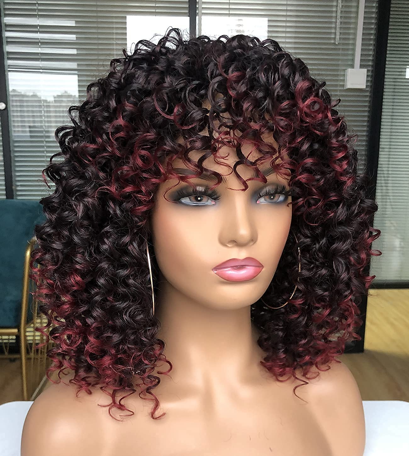 Curly Afro Wigs for Black Women Kinky Curly Wig with Bangs Synthetic Fiber Natural Looking Glueless Hair for Daily Wear