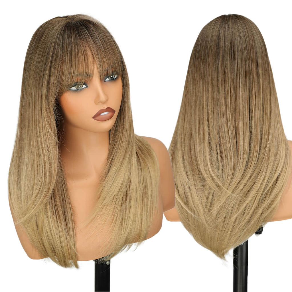 Eawwii Wig with Bangs for Women,Brown Blonde Synthetic 4x4 Scalp Wigs