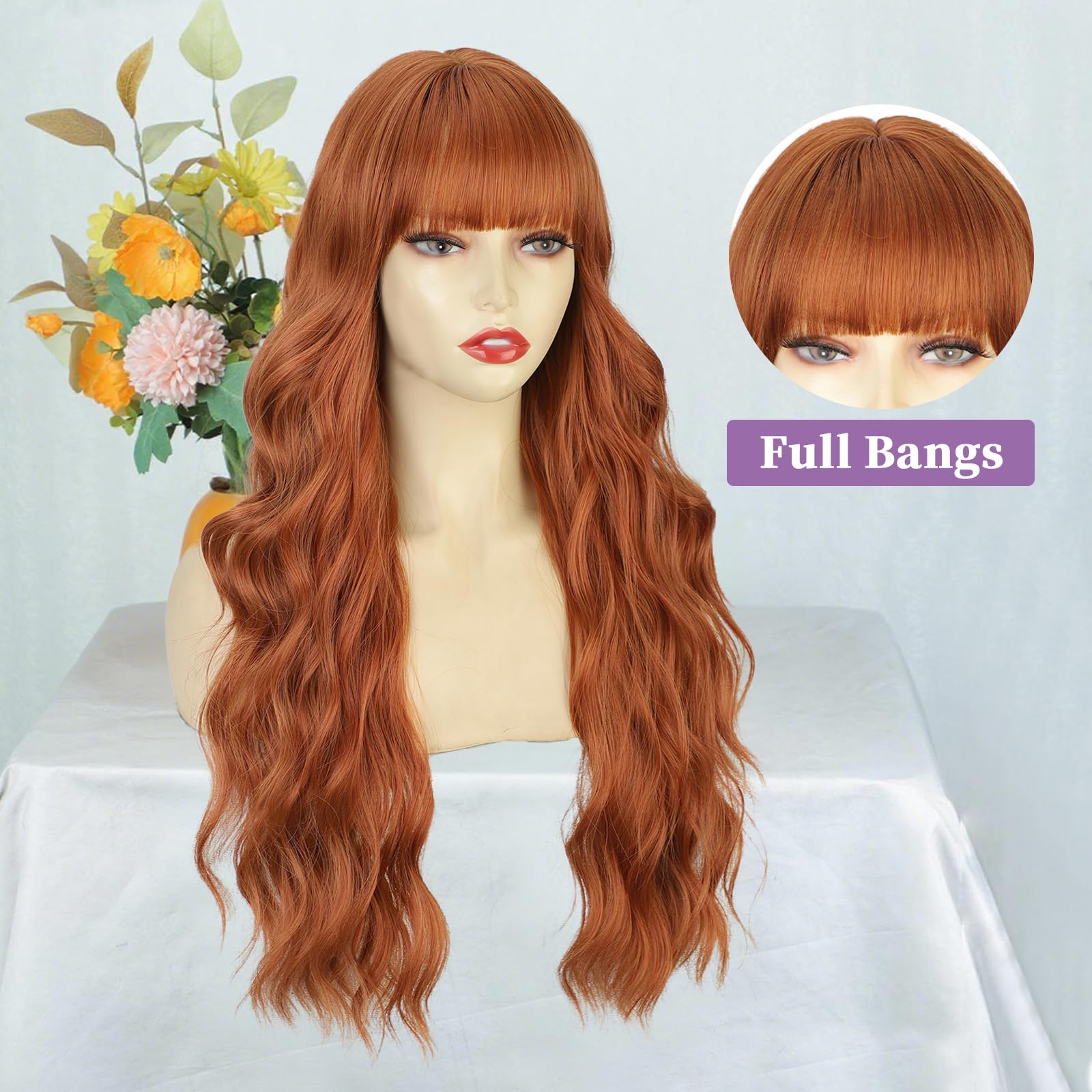 Lativ Ombre Blonde Brown Wig with Bangs Long Wavy Curly Wig with Brown End
