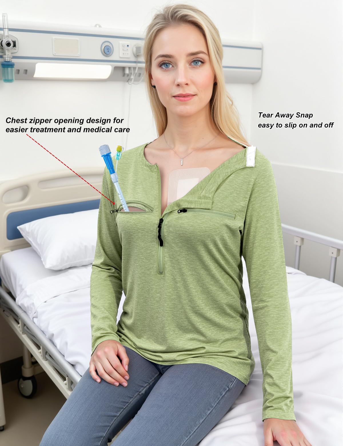 Chemo Port Shirts for Women Long Sleeve Post-Surgery Recovery with 2 Side Snaps Shoulder Surgery & Dialysis Recovery Shirts