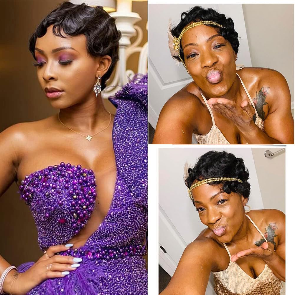 VRZ Pixie Cut Wigs for Black Women Brazilian Curly Pixie Cut Wig Human Hair Glueless Short Layered Wigs With Bangs Natural Black Color No Glue Human Hair Wig for Daily Use