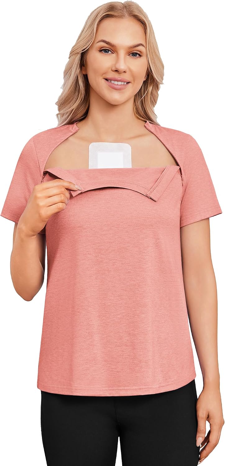 Deyeek Chemo Shirts for Port Access Women with 2 Hidden Side Zippers Post Surgery Short Sleeve Tear Away Adaptive Top Tees