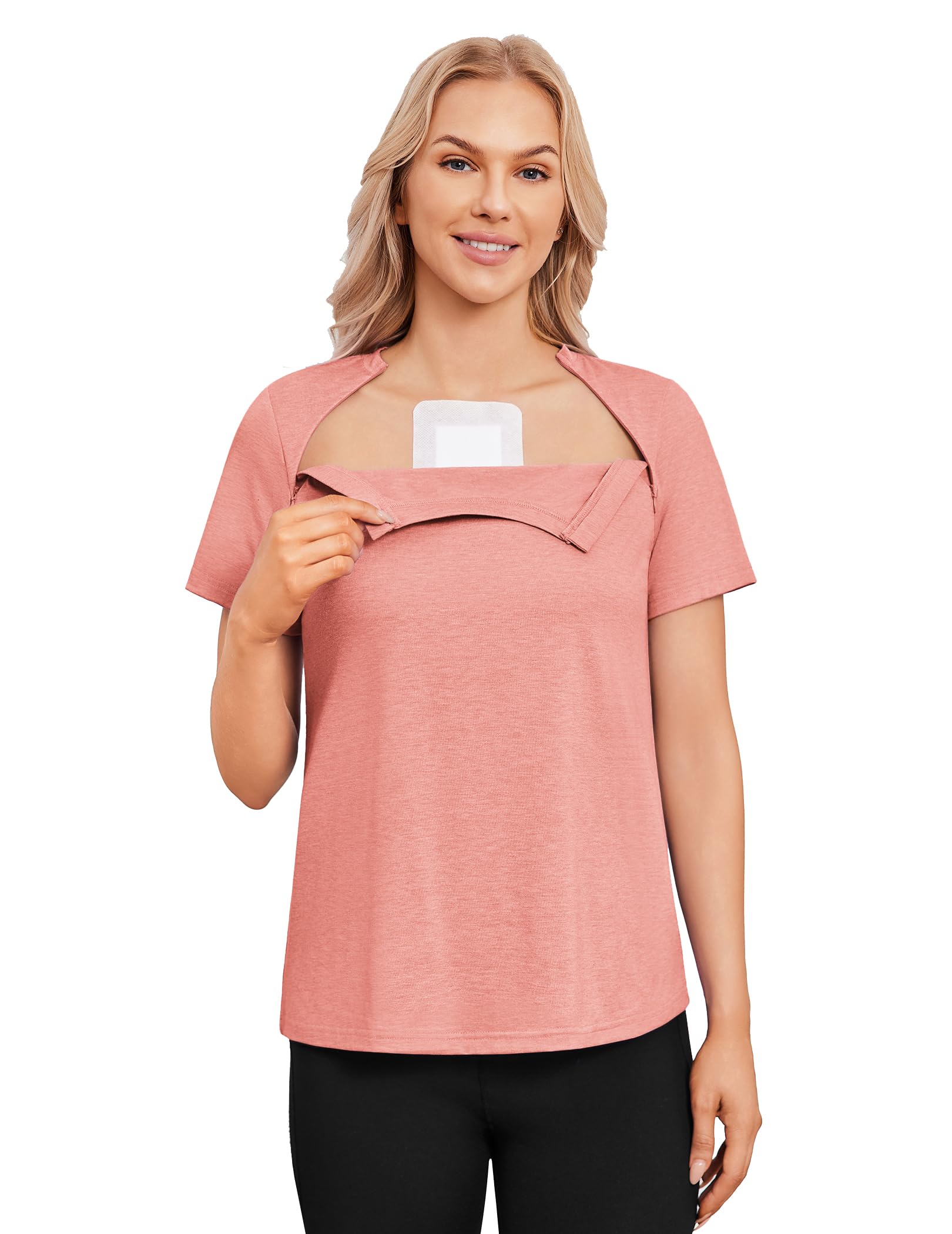 Deyeek Chemo Shirts for Port Access Women with 2 Hidden Side Zippers Post Surgery Short Sleeve Tear Away Adaptive Top Tees