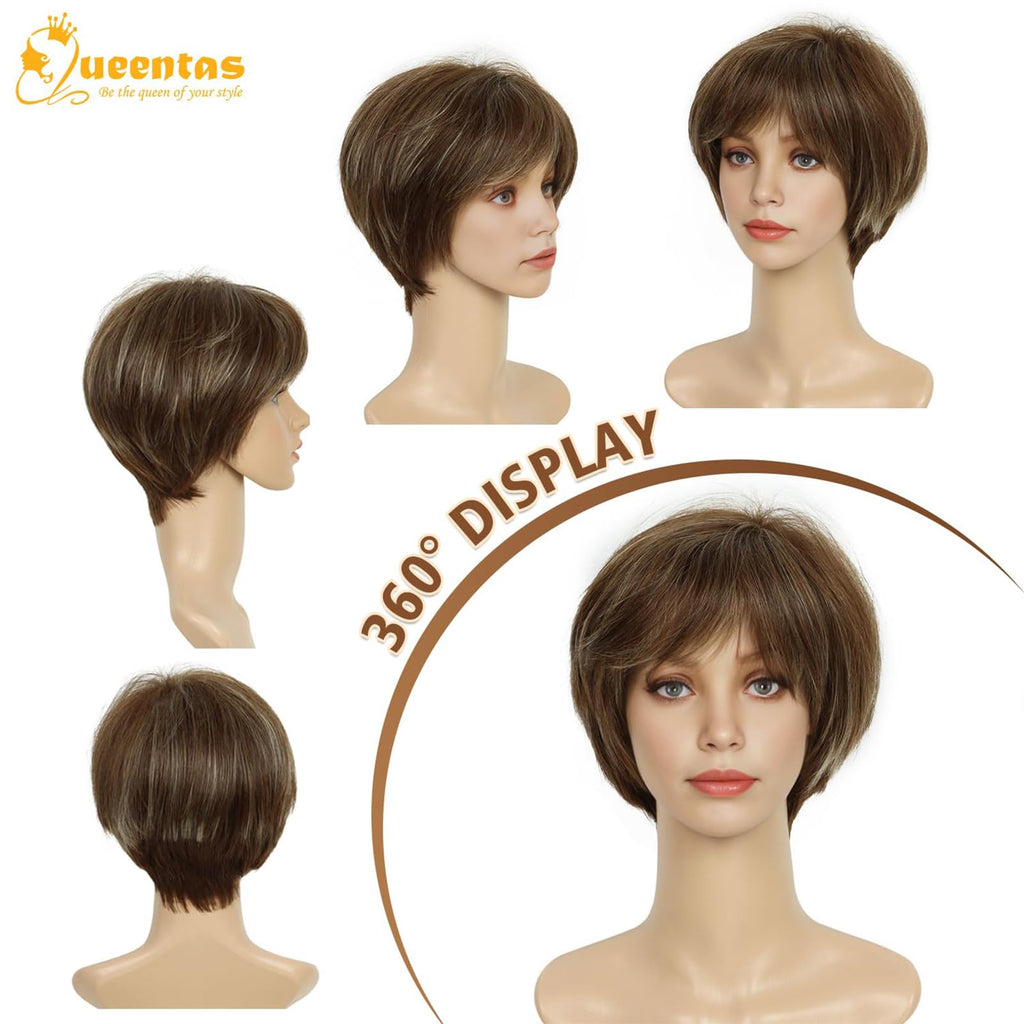 8" Layered Pixie Cut Synthetic Wig for Women Blonde Mixed Brown with Roots