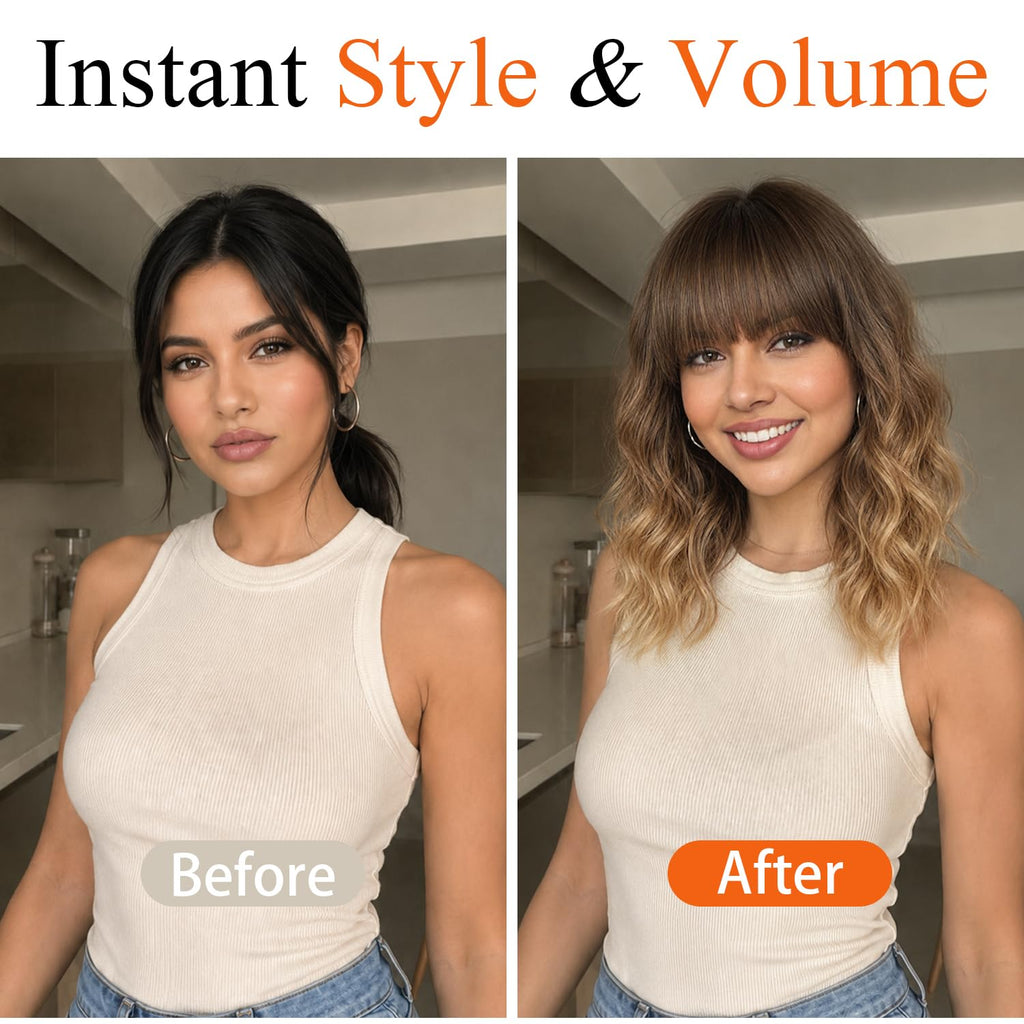 Nnzes Wig with Bangs for Women Shoulder Length Bob Wavy Women's Charming Synthetic Brown mixed Blonde Highlight Wigs with Natural Curly Heat Resistant Hair for Daily Party Use