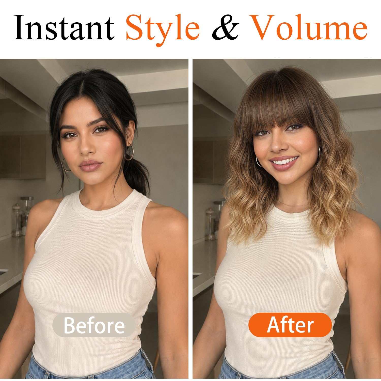 Nnzes Wig with Bangs for Women Shoulder Length Bob Wavy Women's Charming Synthetic Brown mixed Blonde Highlight Wigs with Natural Curly Heat Resistant Hair for Daily Party Use