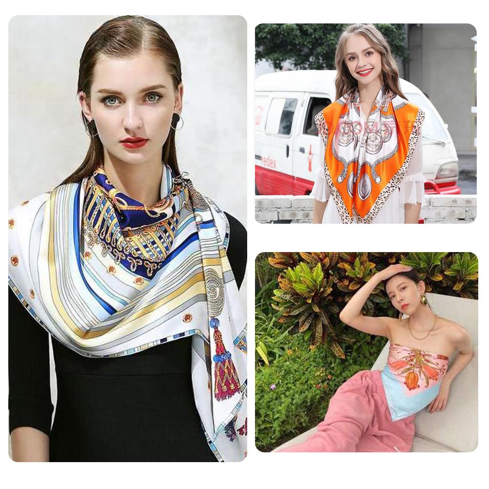 4Pcs Silk Head Scarves for Women Satin Hair Scarf 35”Large Square Bandana Silk Like Neck Scarf Shawl