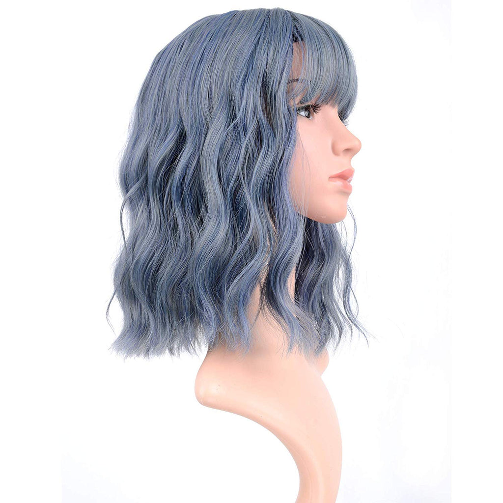 FAELBATY Blonde Wave Short Bob Wigs With Air Bangs Shoulder Length Wig For Women and Girls Curly Wavy Synthetic Cosplay Costume Wig (12" Mix blonde and gold)