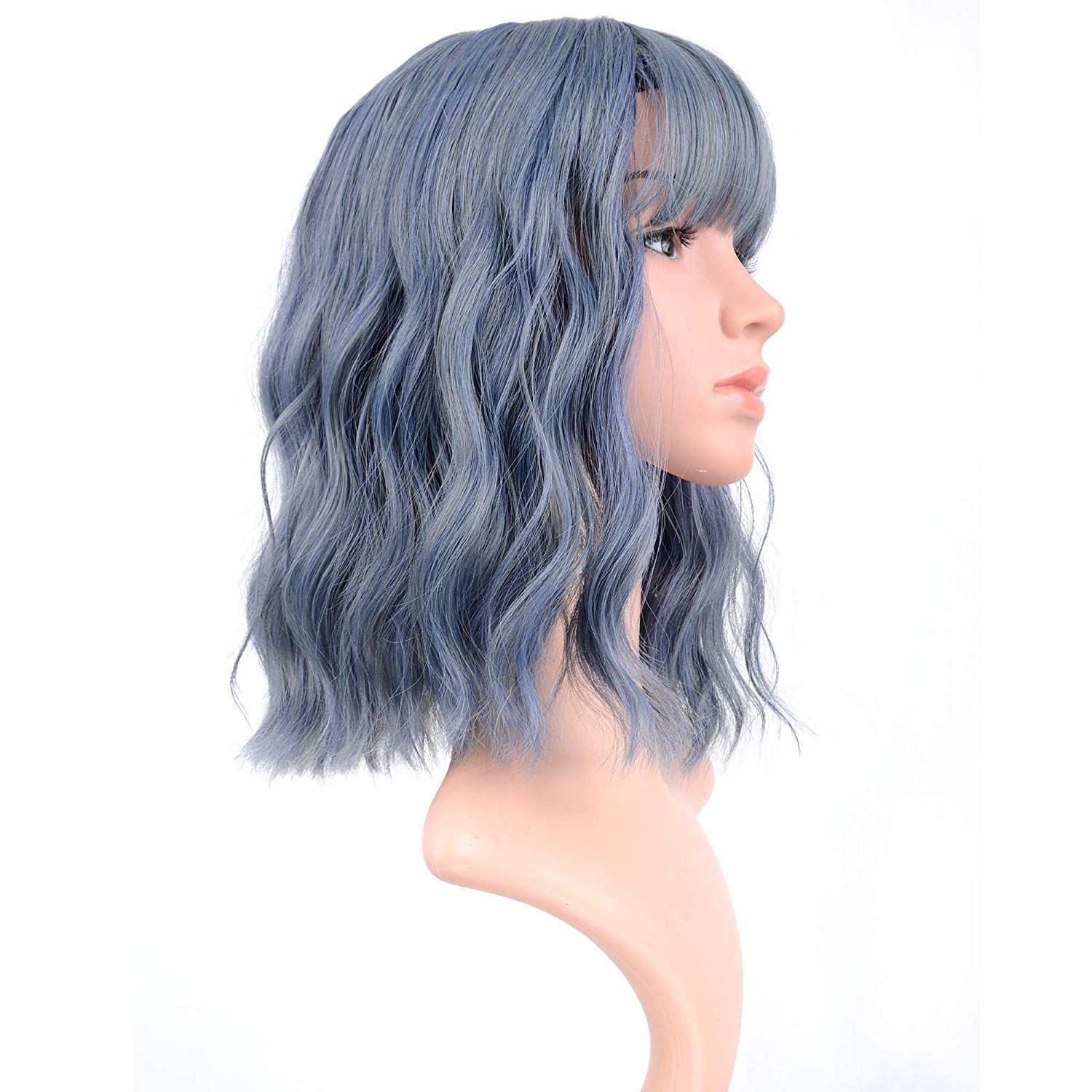 FAELBATY Blonde Wave Short Bob Wigs With Air Bangs Shoulder Length Wig For Women and Girls Curly Wavy Synthetic Cosplay Costume Wig (12" Mix blonde and gold)