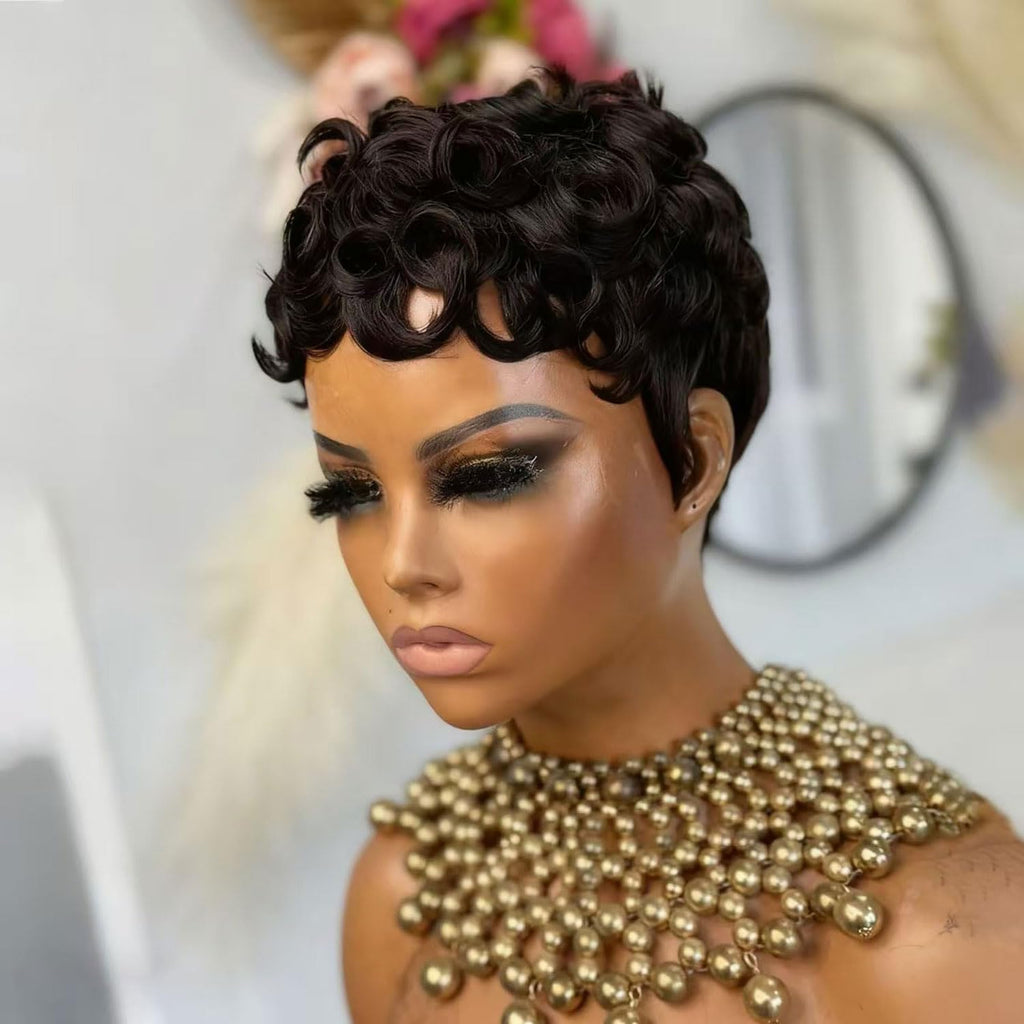 VRZ Pixie Cut Wigs for Black Women Brazilian Curly Pixie Cut Wig Human Hair Glueless Short Layered Wigs With Bangs Natural Black Color No Glue Human Hair Wig for Daily Use