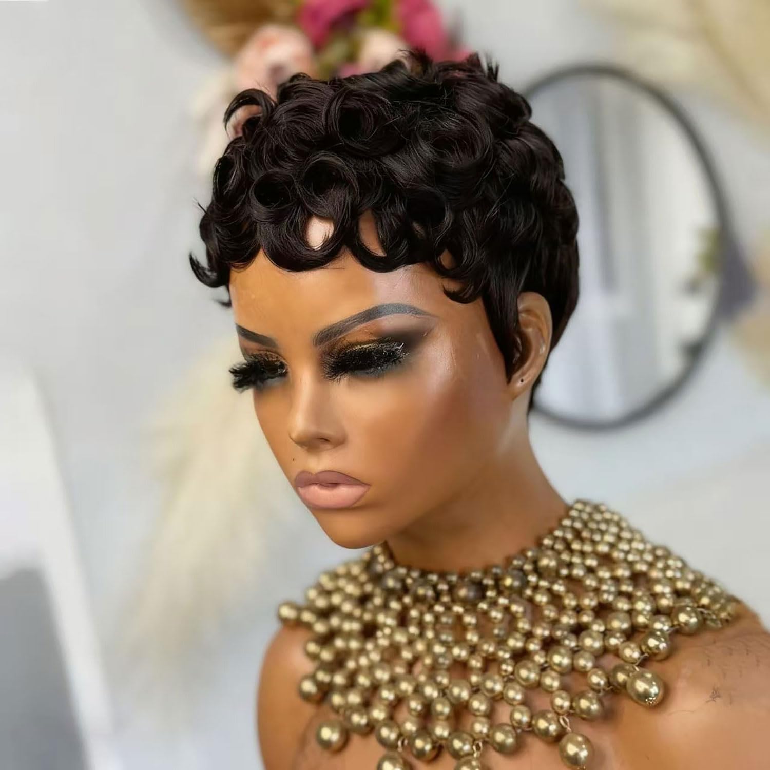 VRZ Pixie Cut Wigs for Black Women Brazilian Curly Pixie Cut Wig Human Hair Glueless Short Layered Wigs With Bangs Natural Black Color No Glue Human Hair Wig for Daily Use