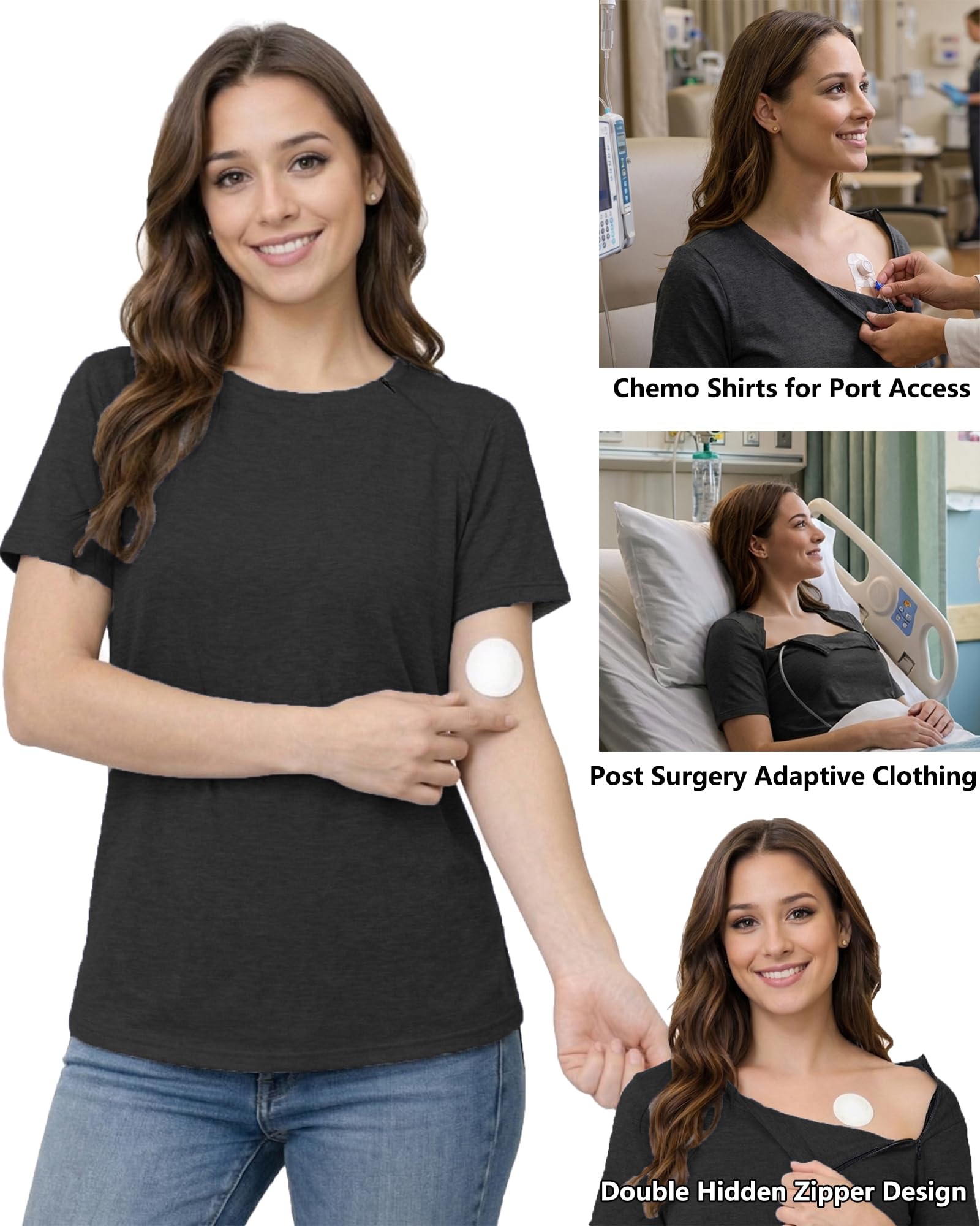 Youdiao Chemo Shirts for Port Access Women Post Shoulder Surgery Shirts with 2 Hidden Side Zippers Short Sleeve Tear Away Top