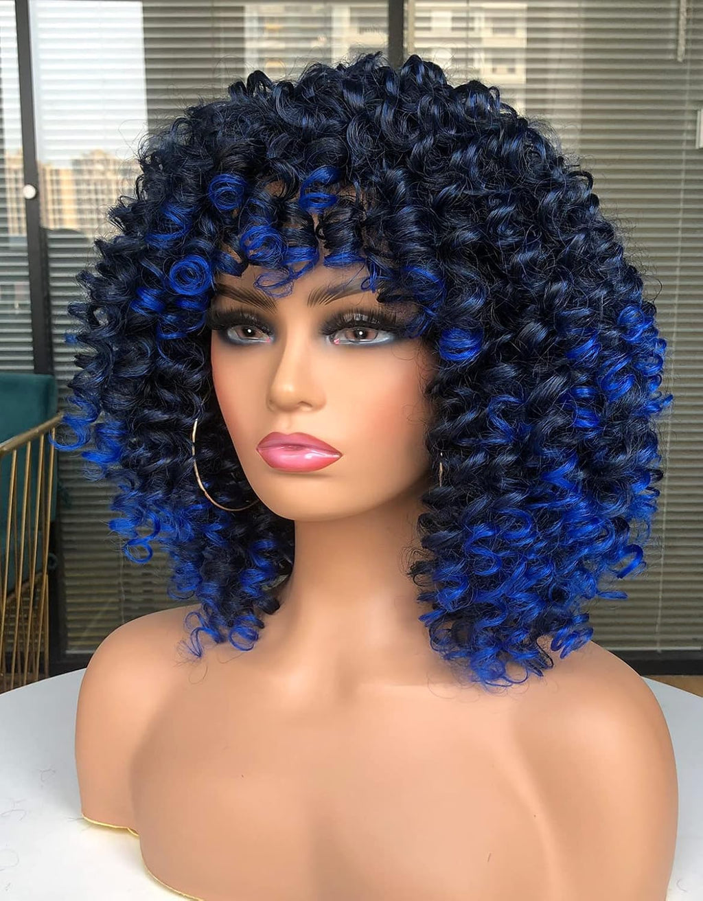 Curly Afro Wigs for Black Women Kinky Curly Wig with Bangs Synthetic Fiber Natural Looking Glueless Hair for Daily Wear