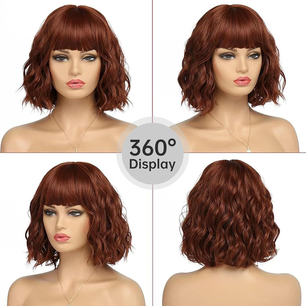 Short Auburn Wigs for Women Dark Ginger Wig with Bangs Wigs Natural Looking Curly Hair Medium Length Synthetic Bob Wig Wavy Colorful Wigs（14 Inches）