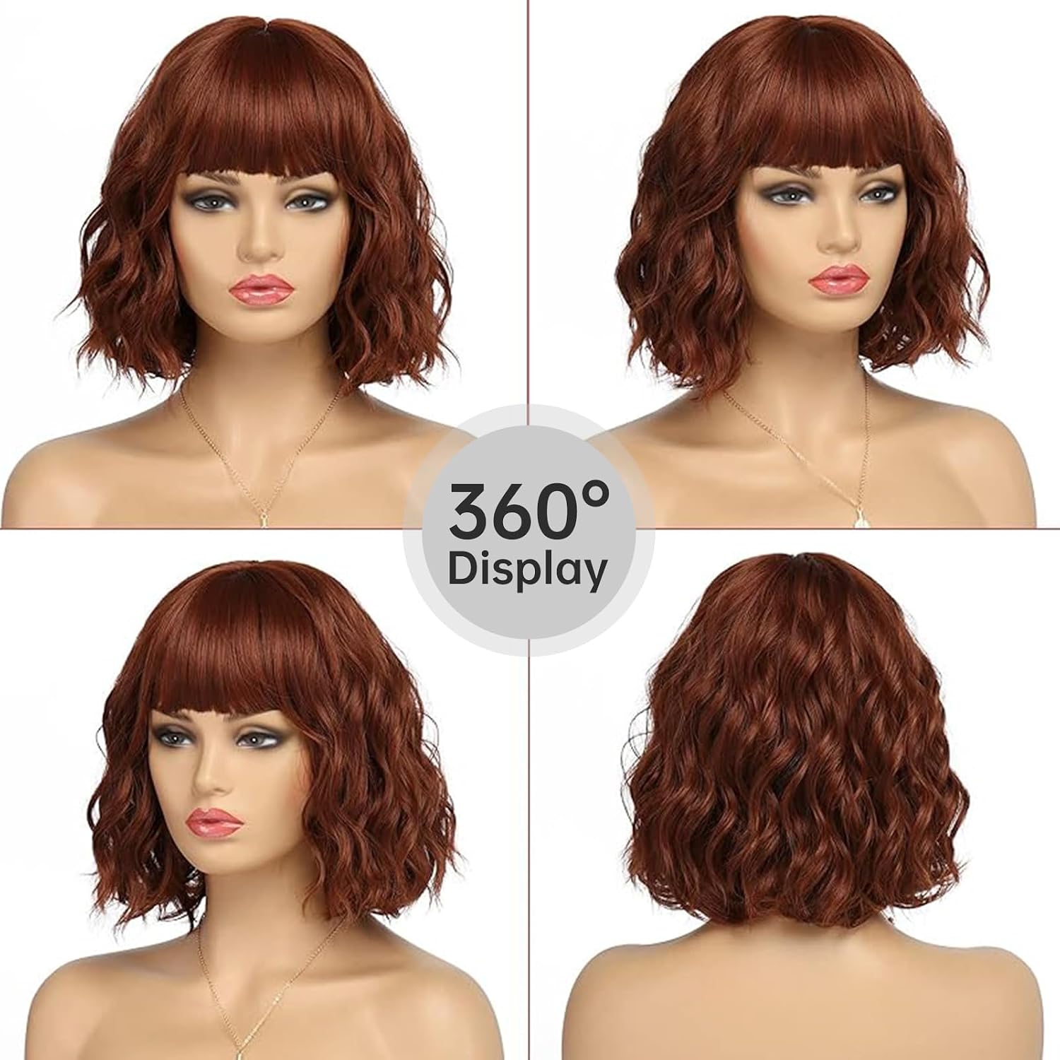 Short Auburn Wigs for Women Dark Ginger Wig with Bangs Wigs Natural Looking Curly Hair Medium Length Synthetic Bob Wig Wavy Colorful Wigs（14 Inches）