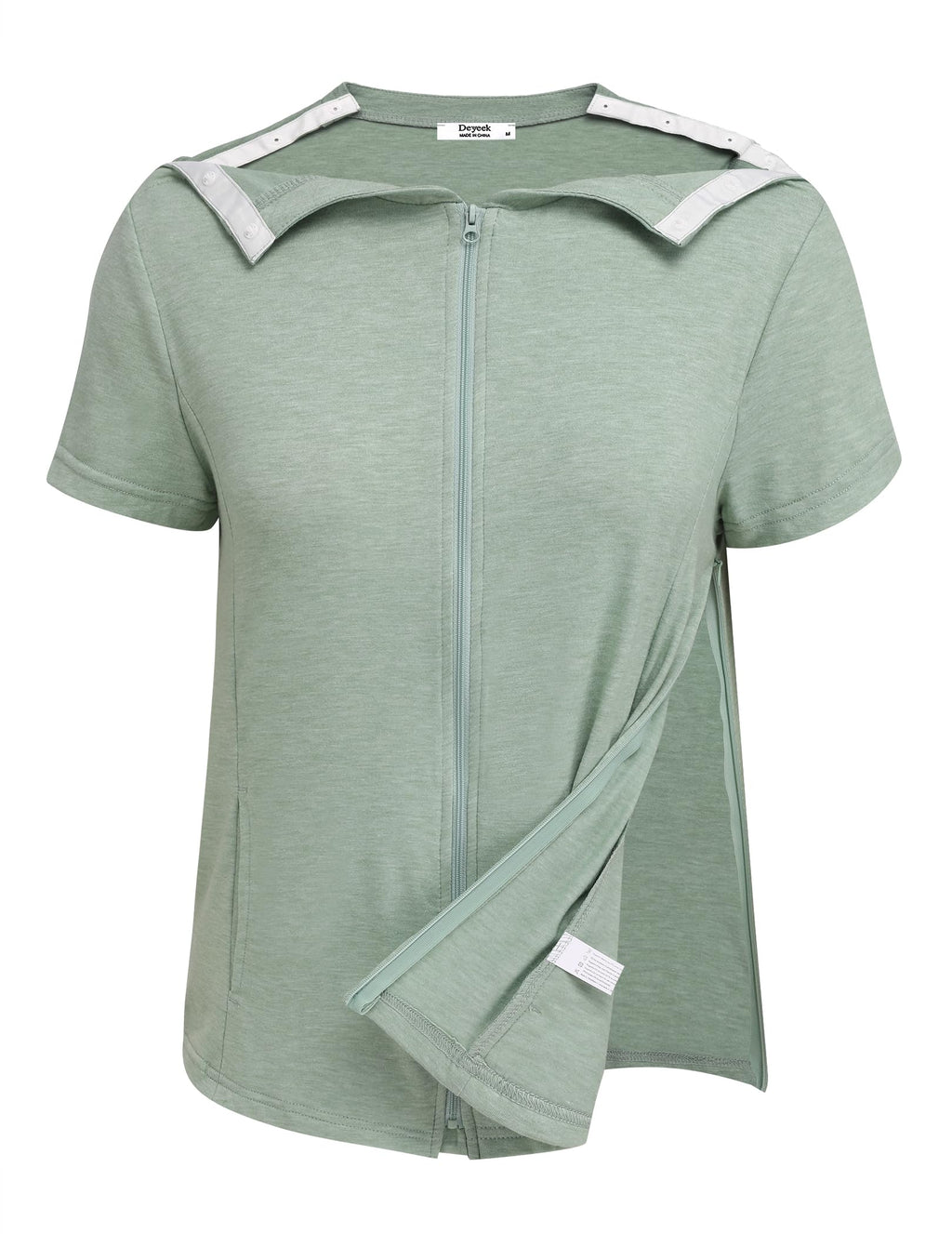Deyeek Mastectomy Shirts with Drain Pockets Post Shoulder Surgery Tops for Women Chemo Port Short Sleeve with Zippers