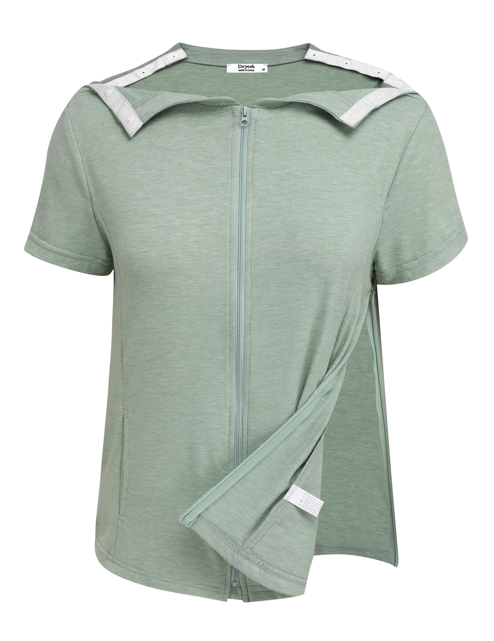 Deyeek Mastectomy Shirts with Drain Pockets Post Shoulder Surgery Tops for Women Chemo Port Short Sleeve with Zippers