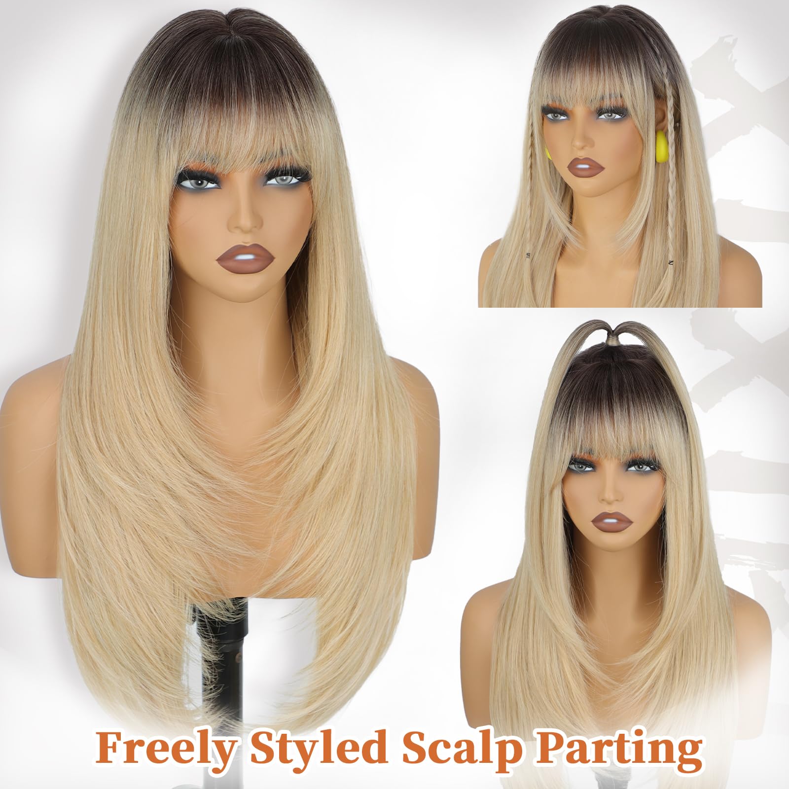 XIXIBI Wig with Bangs for Women,Long Straight,Brown Blonde Highlight