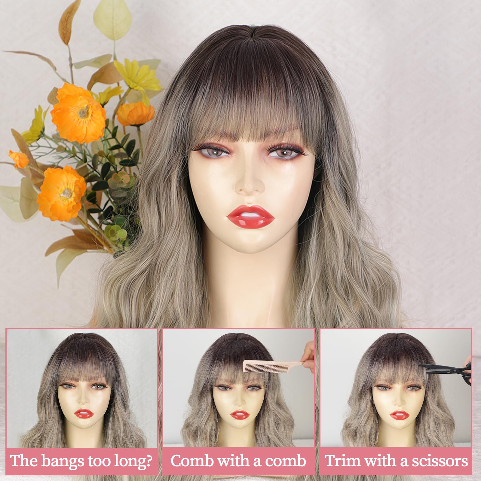 Lativ Ombre Blonde Brown Wig with Bangs Long Wavy Curly Wig with Brown End