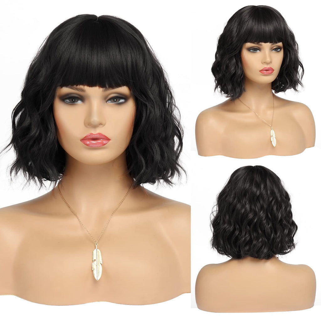 Short Auburn Wigs for Women Dark Ginger Wig with Bangs Wigs Natural Looking Curly Hair Medium Length Synthetic Bob Wig Wavy Colorful Wigs（14 Inches）