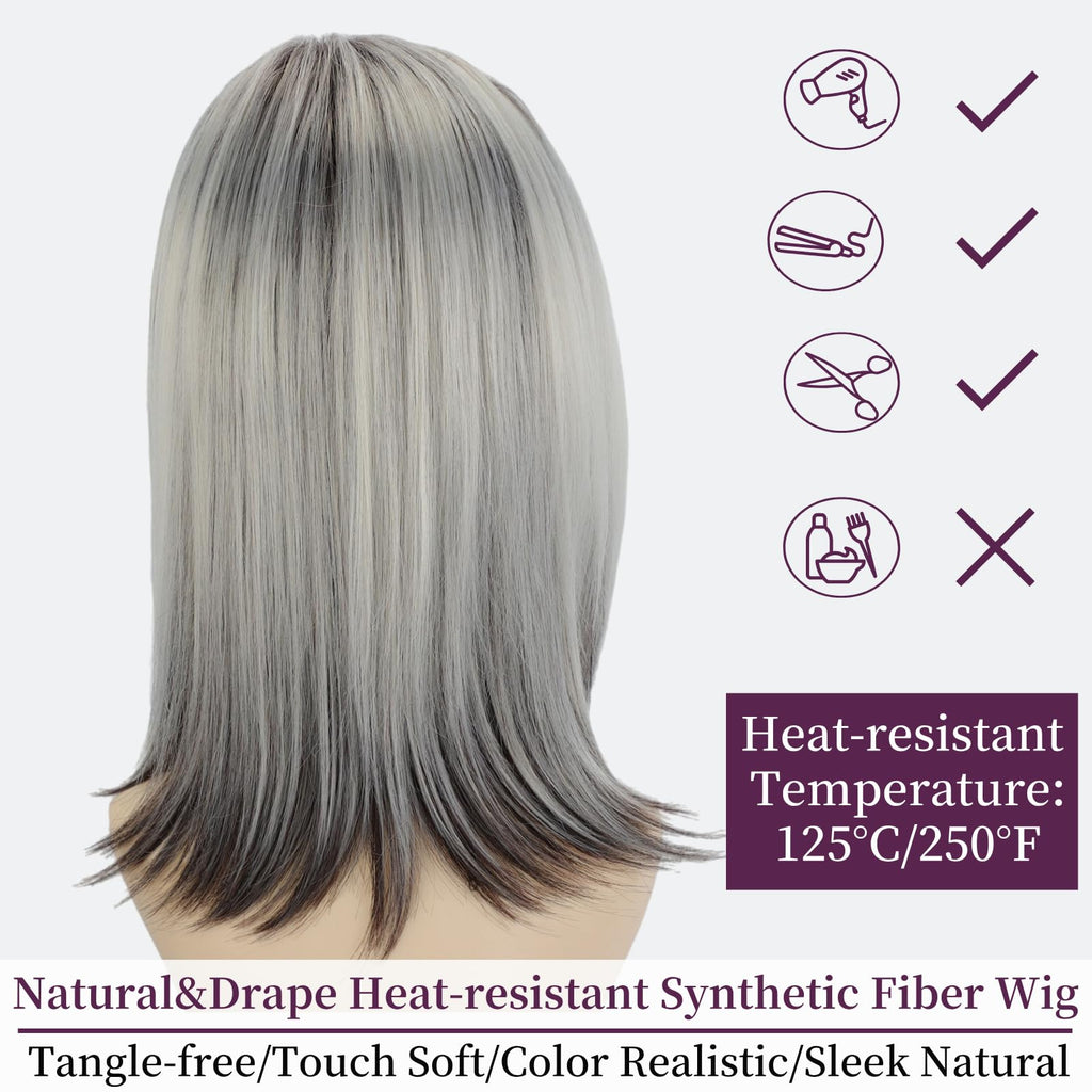 RENERSHOW Ombre Blonde Highlight Layered Bob Wig with Bangs for White Women