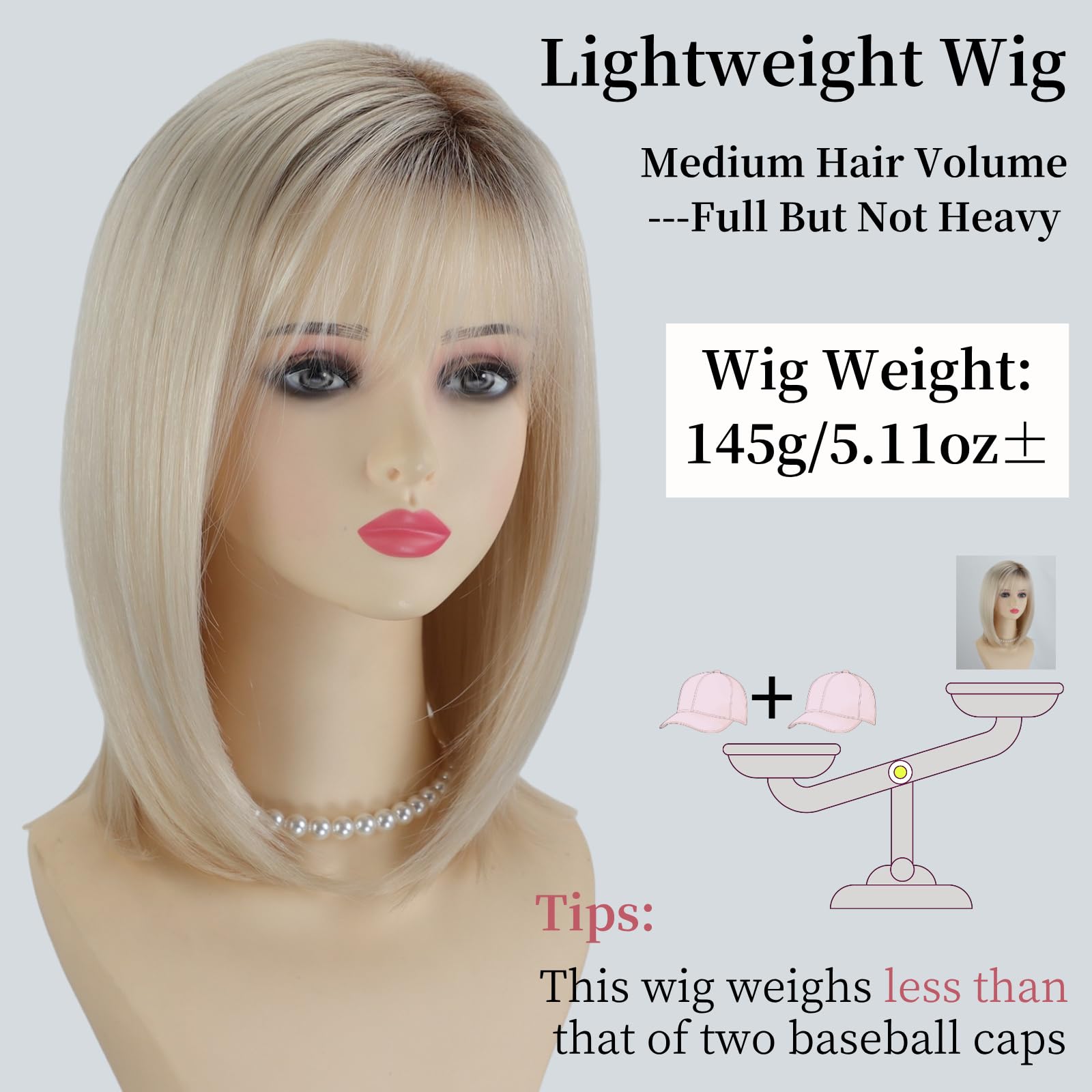 RENERSHOW Ombre Blonde Highlight Layered Bob Wig with Bangs for White Women