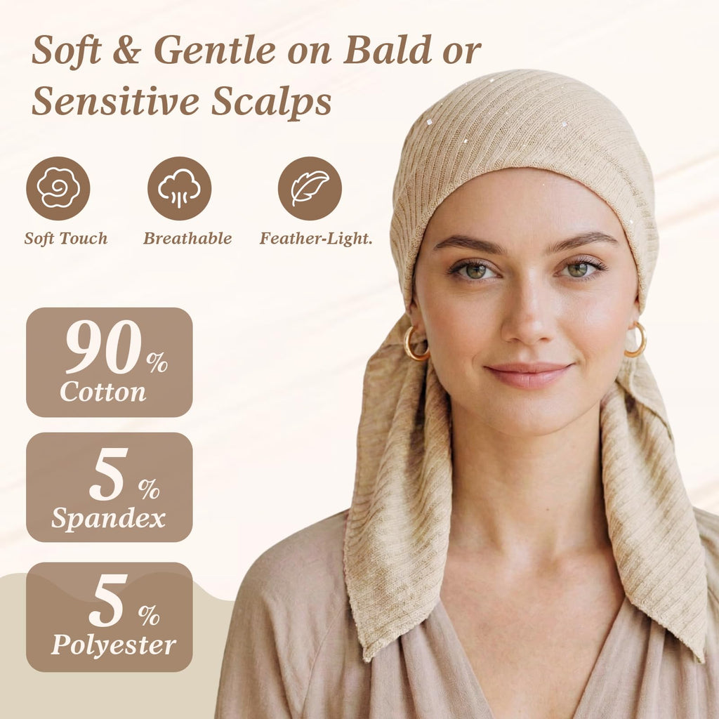 Pretied Head Scarves for Women – Fashionable Glitter Turban Head Wraps, Stylish Chemo Headwear, Elegant Hair Coverings